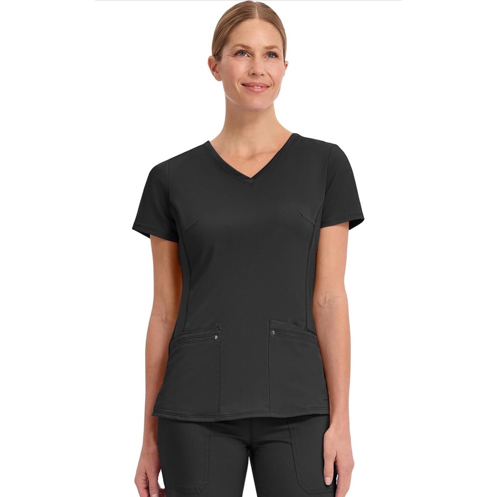 Healing Hands Purple Label Yoga Black V-Neck Scrub Top Womens Large